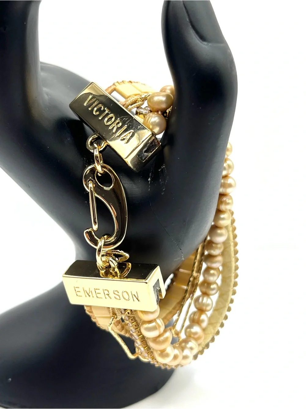 Emerson Gold Multi Strand Pearl Paperclip Rhinestone and Beaded Bracelet Layered